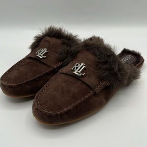 LAUREN RALPH LAUREN SAVANAH FAUX FUR-TRIM SUEDE MULE CHESTNUTBROWN/CHESTNUTBROWN
